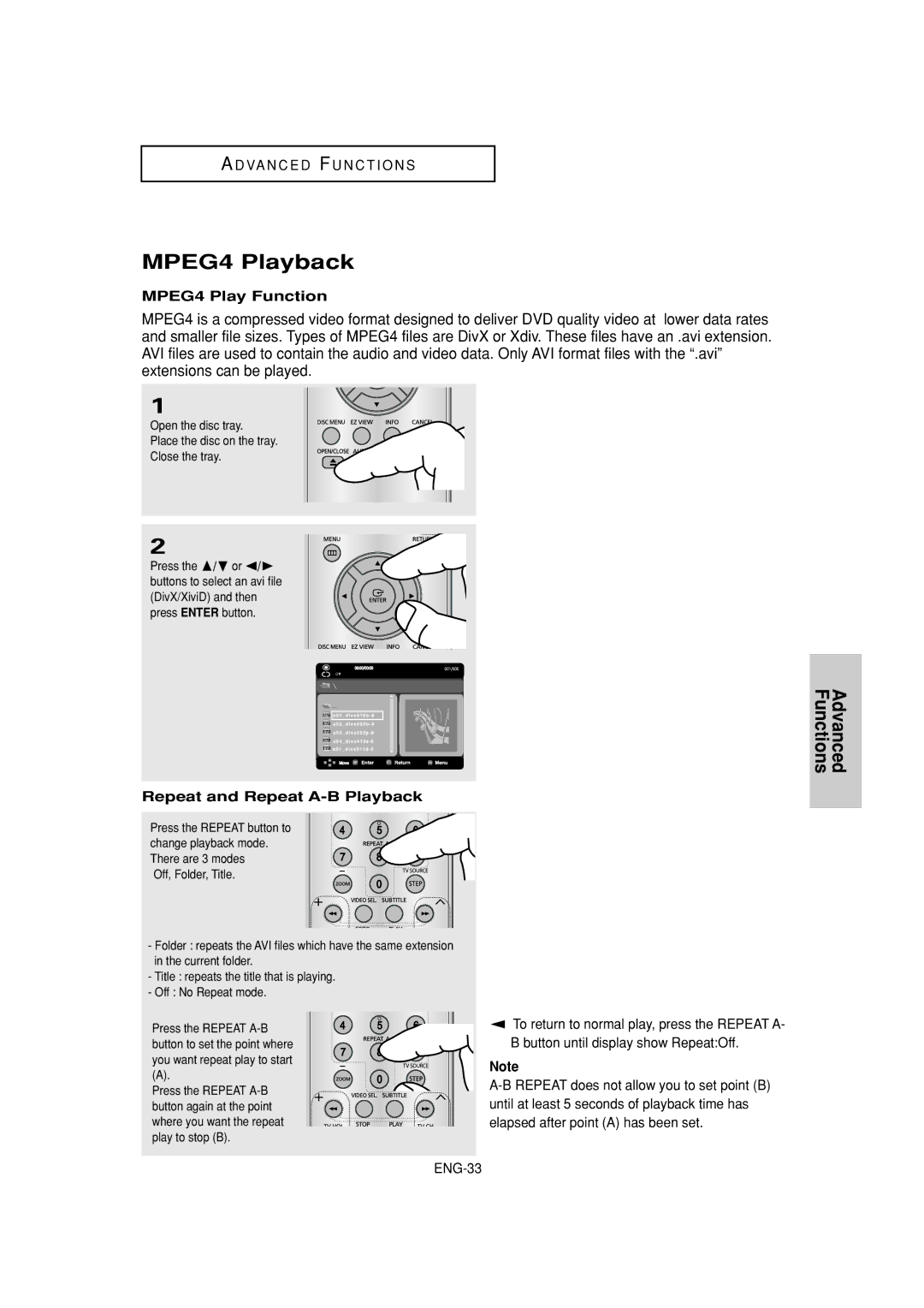 Samsung DVD-P181 manual MPEG4 Playback, MPEG4 Play Function, Repeat and Repeat A-B Playback 