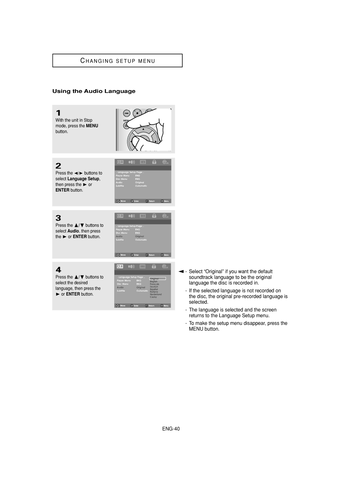 Samsung DVD-P181 manual Using the Audio Language,  or Enter button 