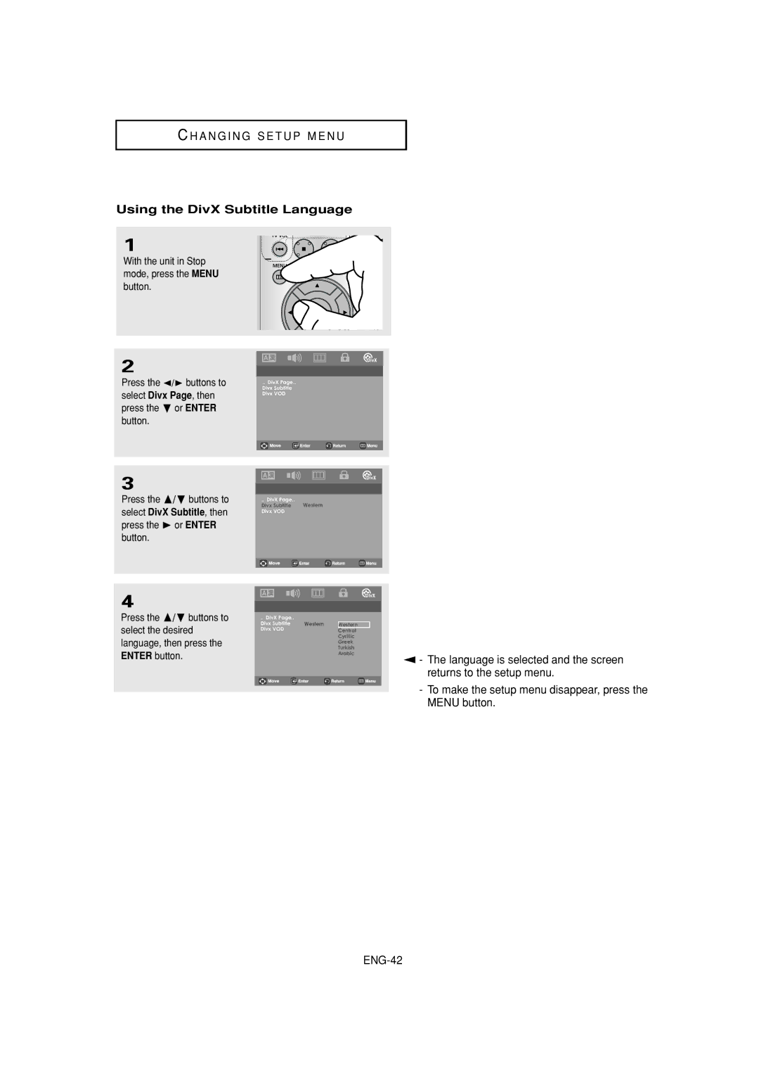 Samsung DVD-P181 manual Using the DivX Subtitle Language 