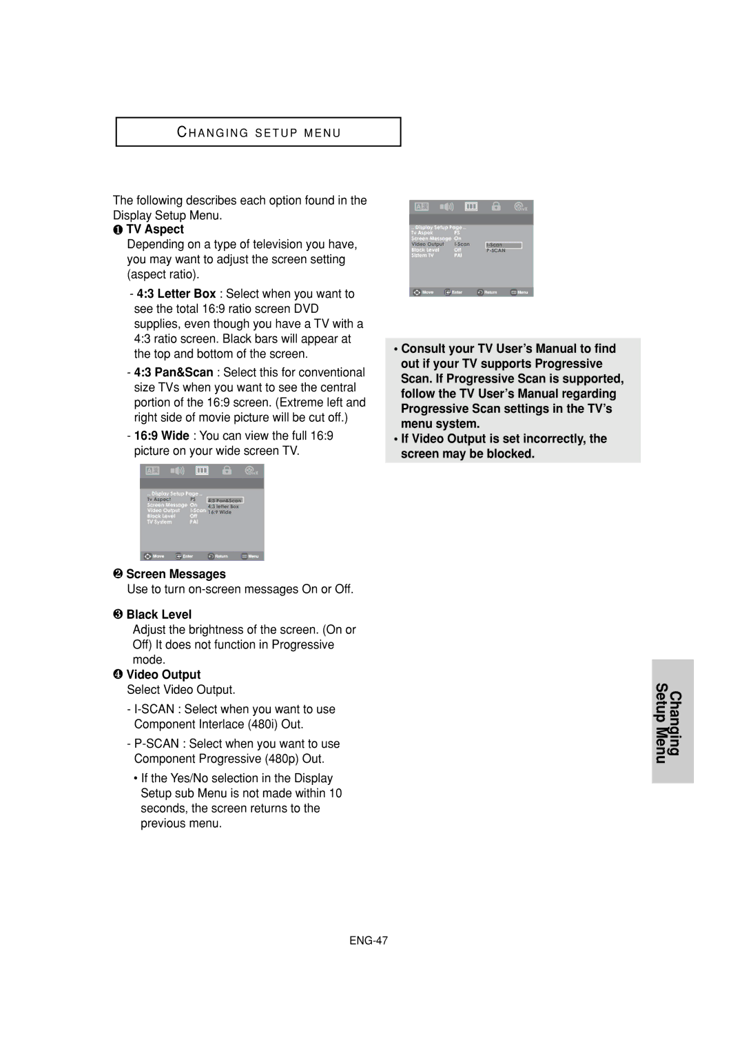 Samsung DVD-P181 manual ❶ TV Aspect, ❷ Screen Messages, ❸ Black Level, ❹ Video Output Select Video Output 