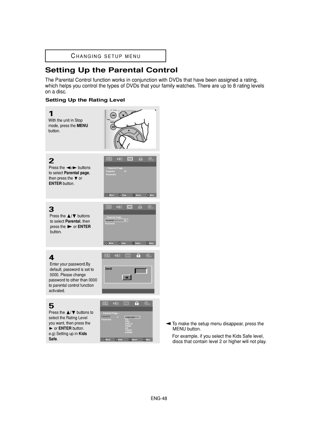 Samsung DVD-P181 manual Setting Up the Parental Control, Setting Up the Rating Level, To select Parental 