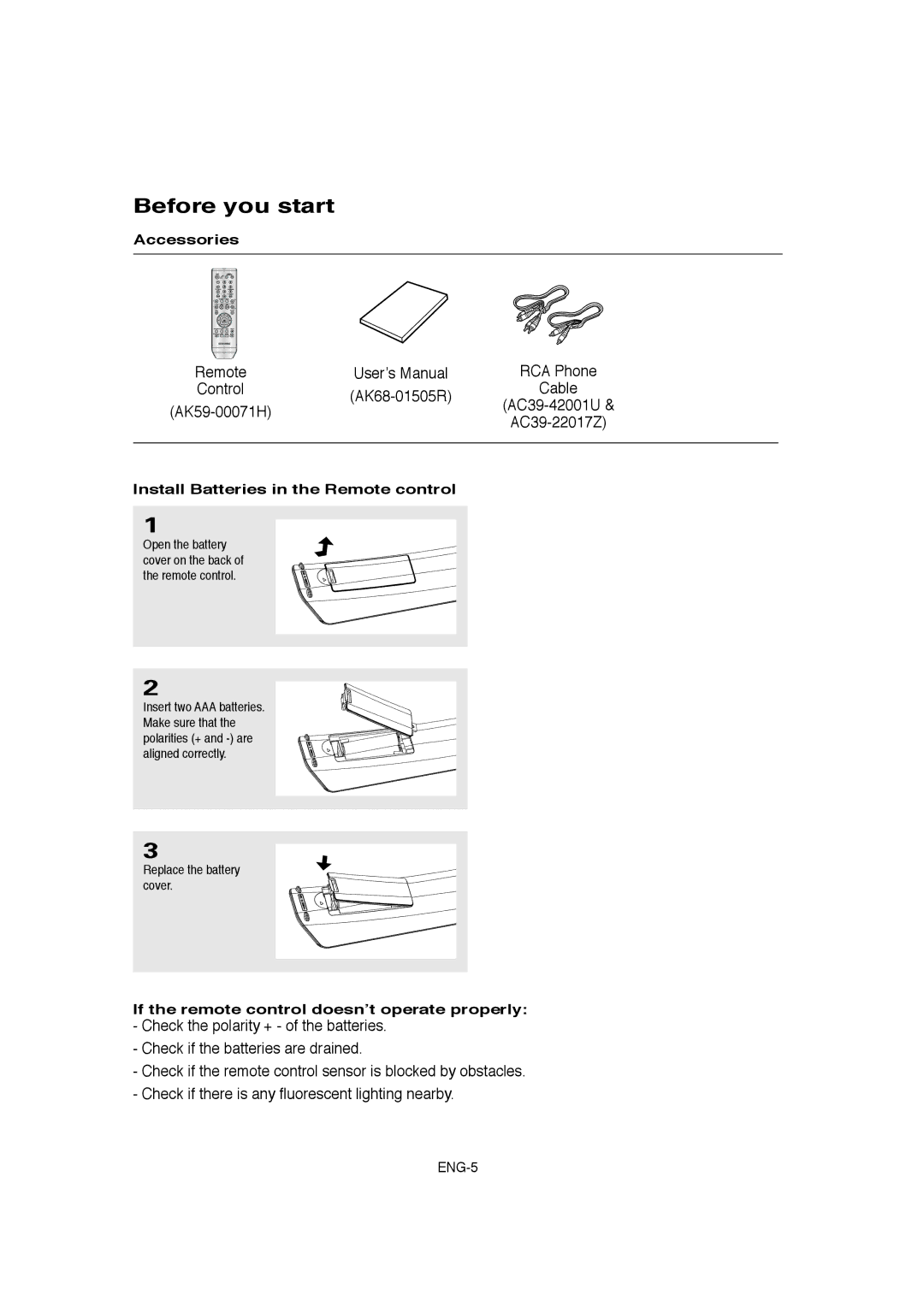 Samsung DVD-P181 manual Before you start, Accessories, Install Batteries in the Remote control 