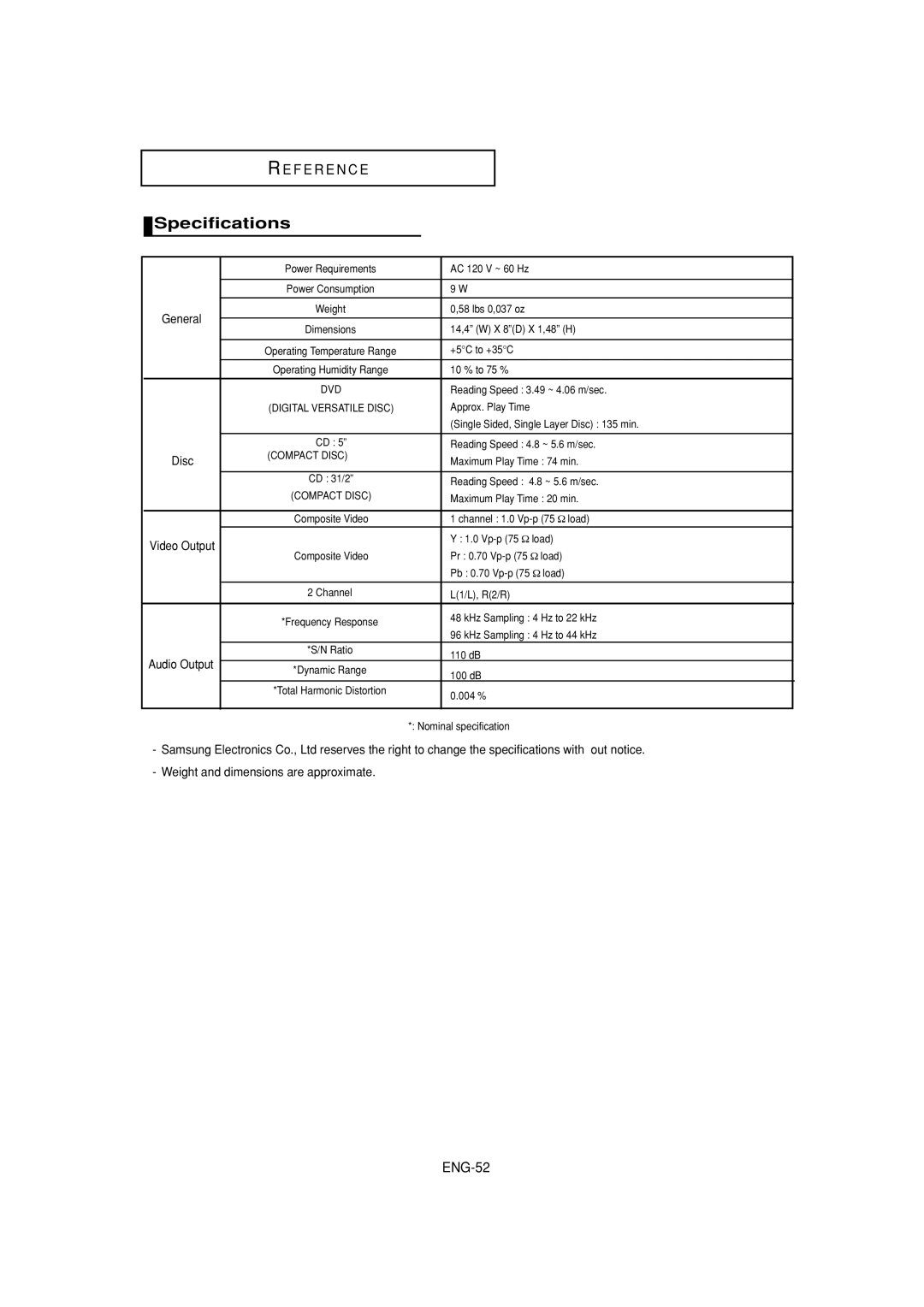 Samsung DVD-P181 manual Specifications, Compact Disc 