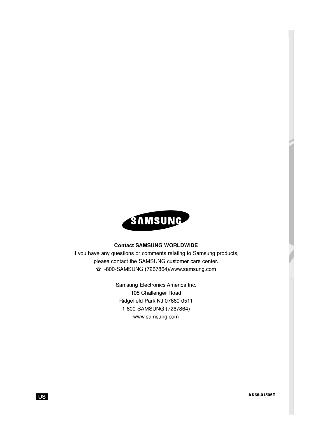 Samsung DVD-P181 manual Contact Samsung Worldwide, AK68-01505R 