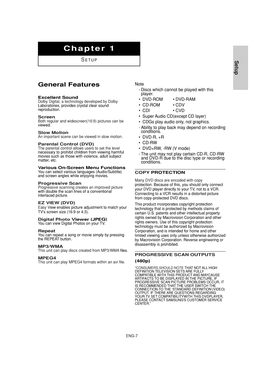 Samsung DVD-P181 manual General Features 