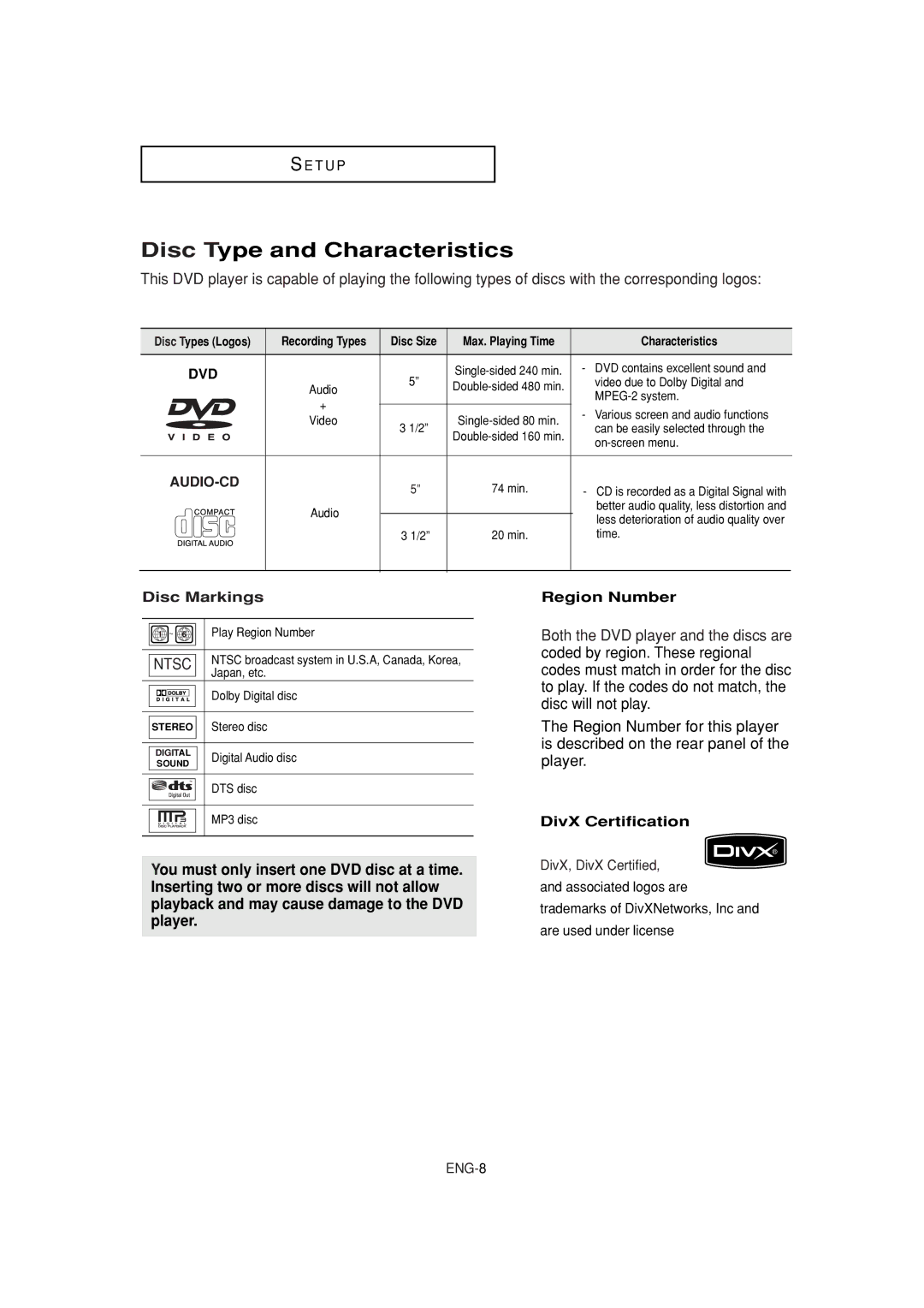 Samsung DVD-P181 manual Disc Type and Characteristics, Disc Markings, Region Number, DivX Certification 