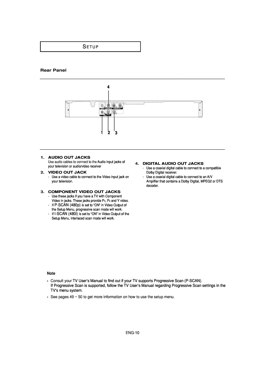 Samsung DVD-P181 manual S E T U P, Rear Panel, ENG-10, Digital Audio Out Jacks, Component Video Out Jacks 