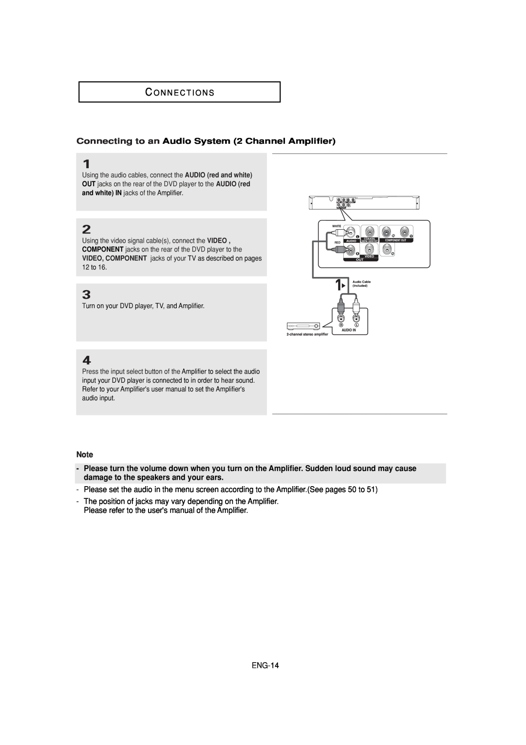 Samsung DVD-P181 manual C O N N E C T I O N S, Connecting to an Audio System 2 Channel Amplifier, ENG-14 