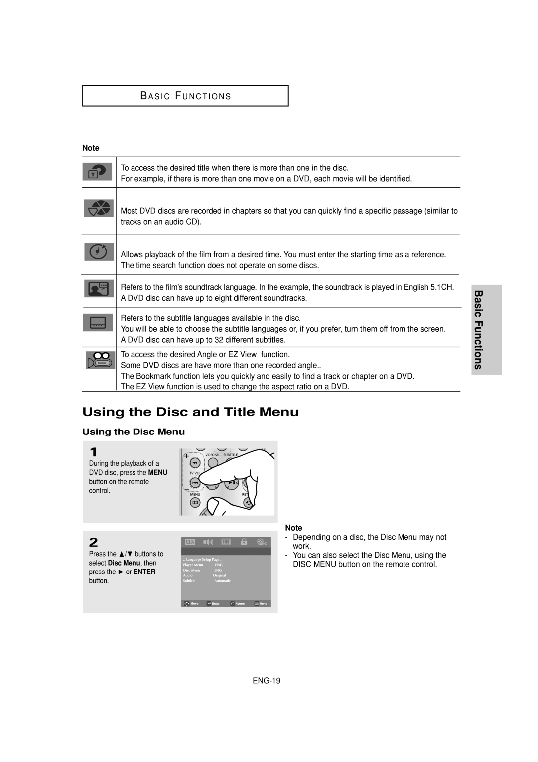 Samsung DVD-P181 manual Using the Disc and Title Menu, Basic Functions, Using the Disc Menu 