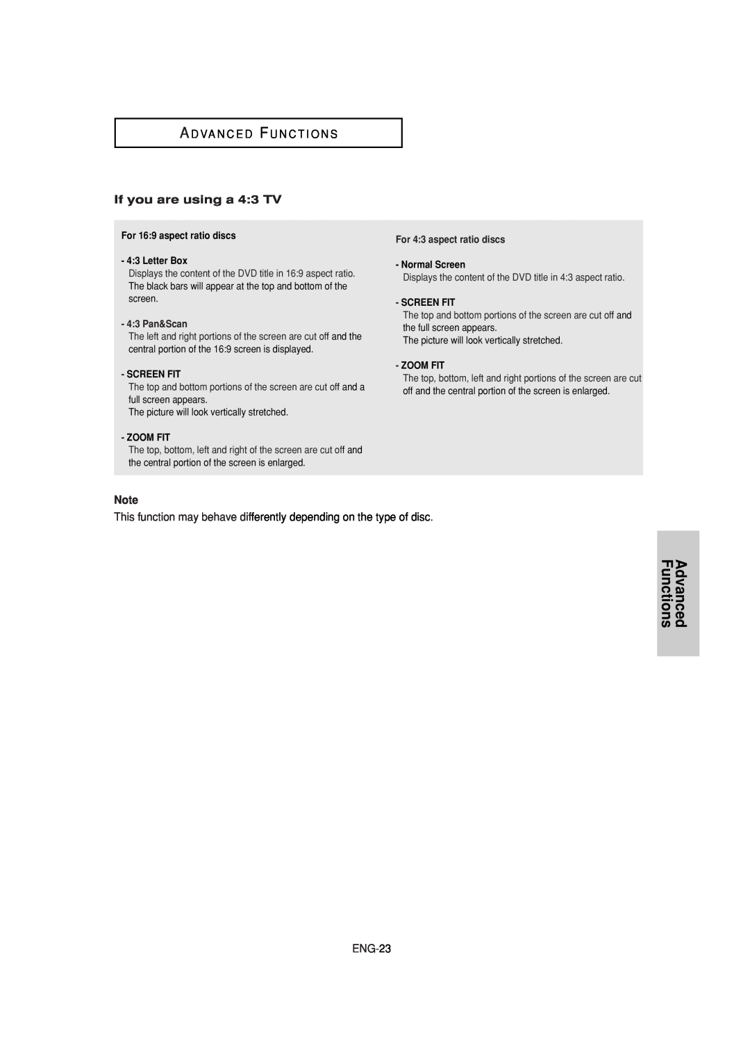 Samsung DVD-P181 manual Functions, A D Va N C E D F U N C T I O N S, If you are using a 43 TV, ENG-23 