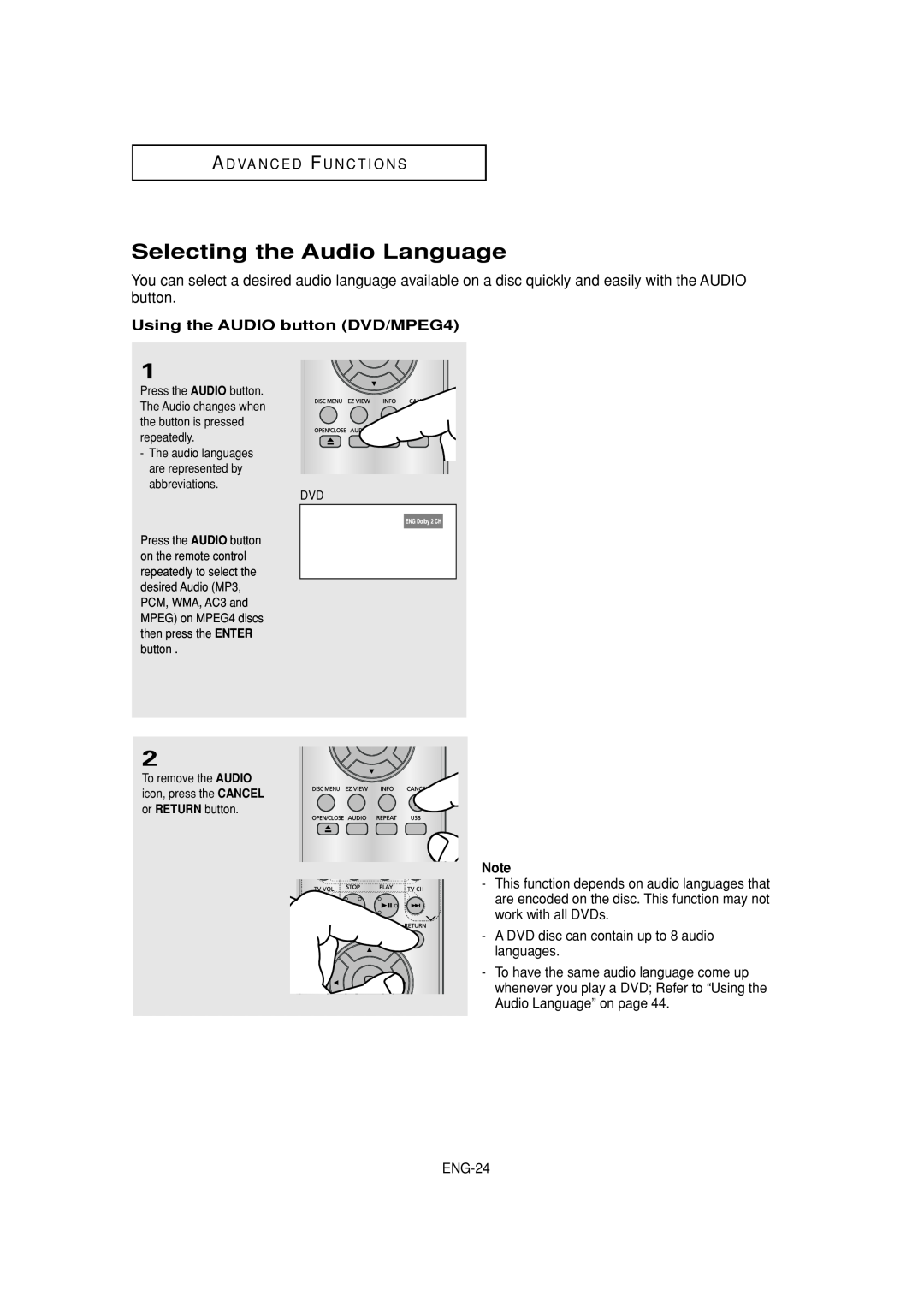 Samsung DVD-P181 manual Selecting the Audio Language, Using the AUDIO button DVD/MPEG4 