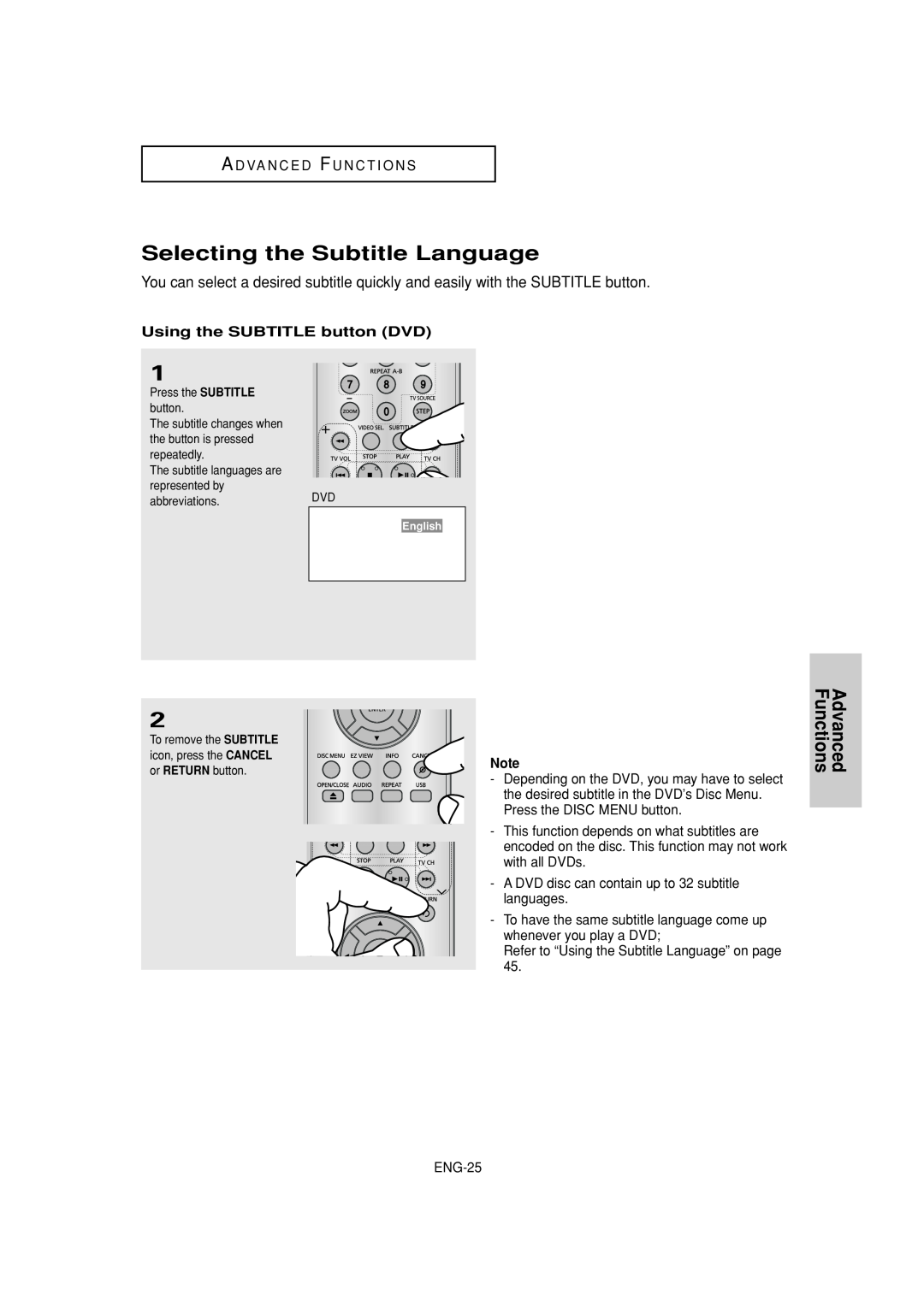 Samsung DVD-P181 manual Selecting the Subtitle Language, Using the SUBTITLE button DVD, Advanced Functions 