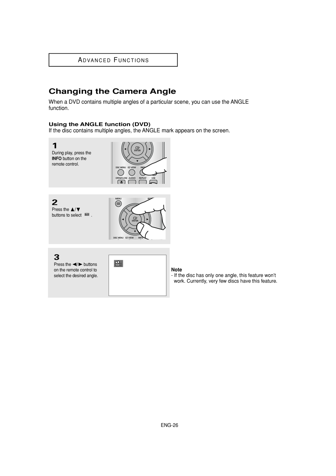 Samsung DVD-P181 manual Changing the Camera Angle, Using the ANGLE function DVD 