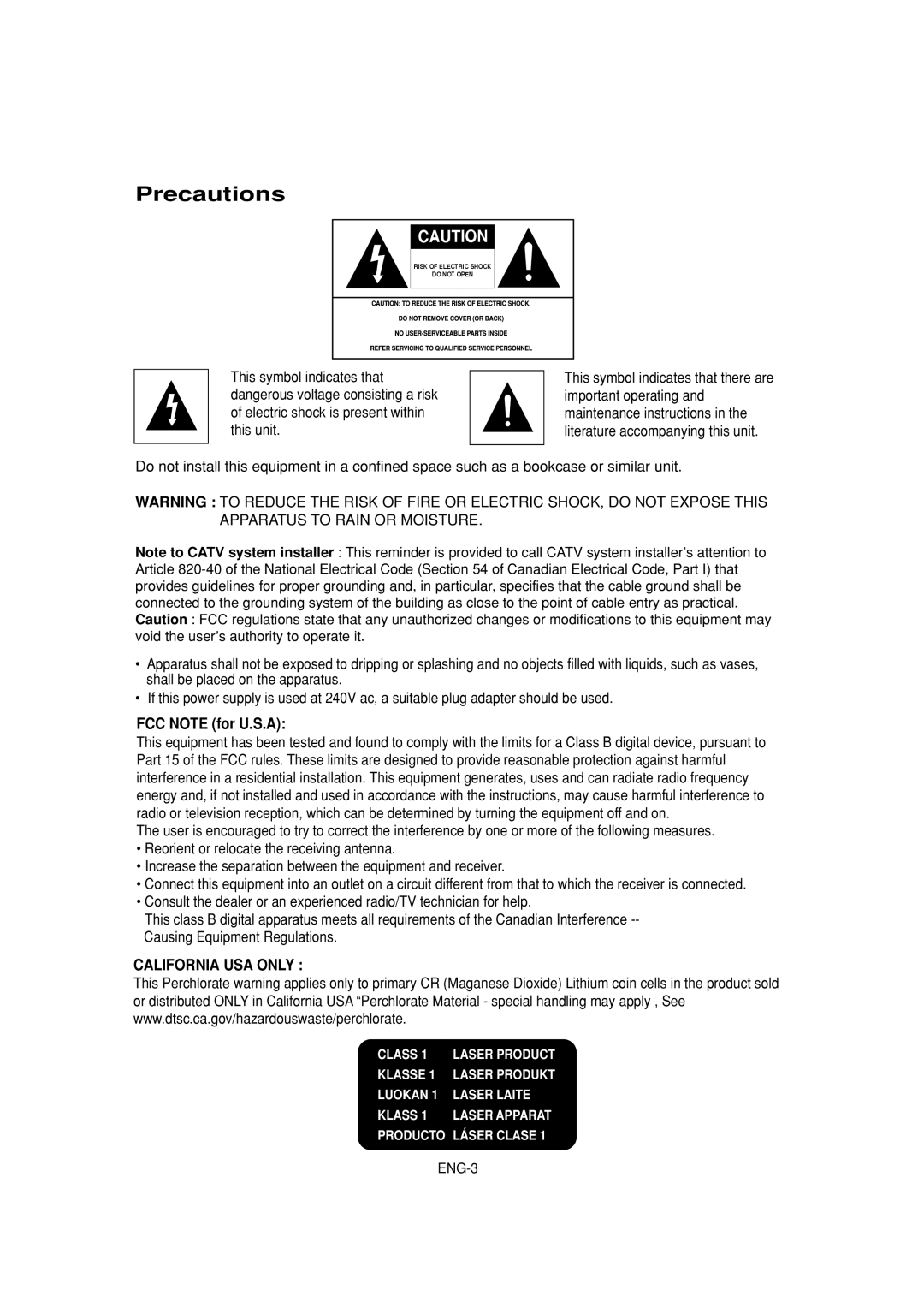 Samsung DVD-P181 manual Precautions, FCC NOTE for U.S.A, California Usa Only 