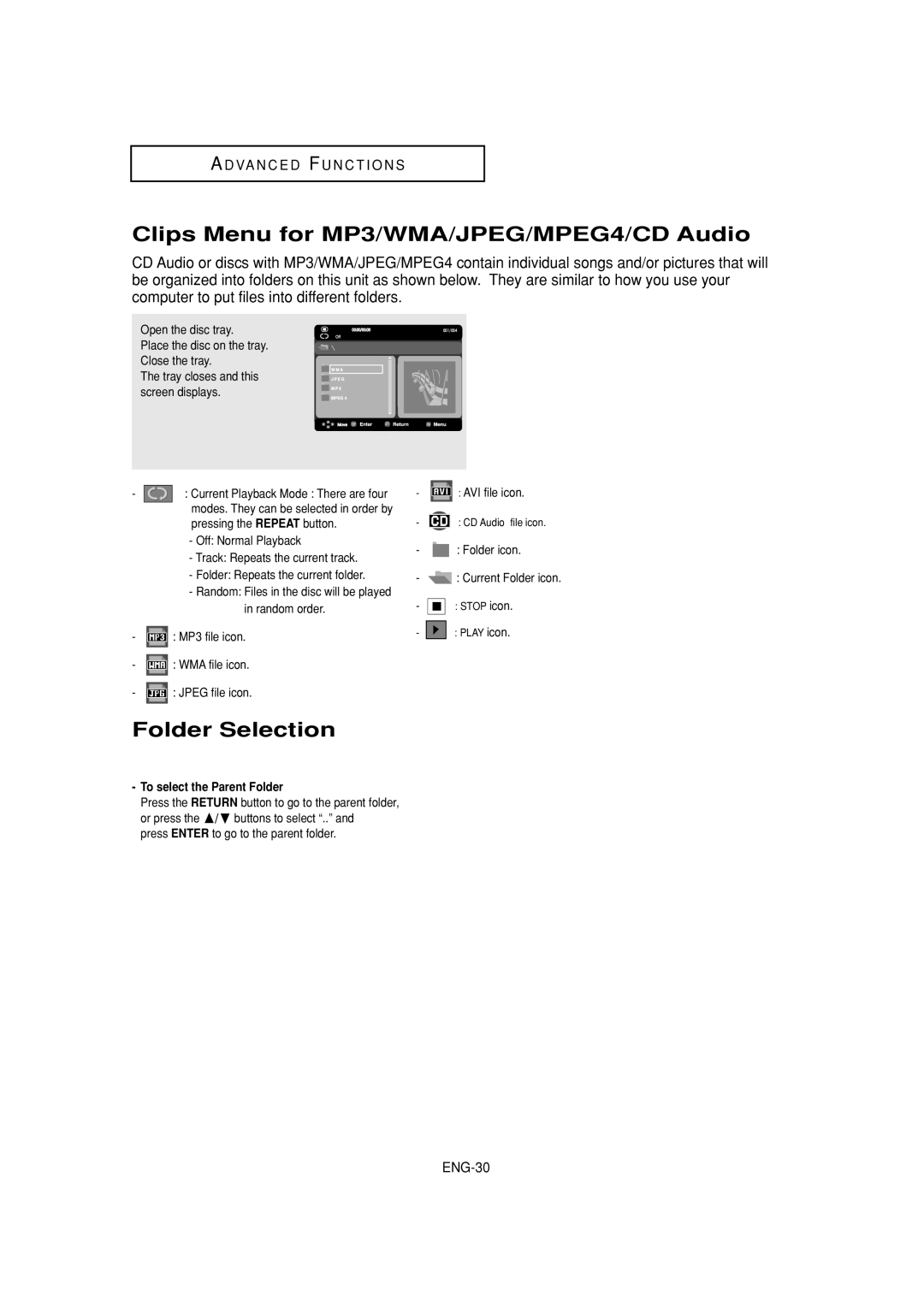 Samsung DVD-P181 Clips Menu for MP3/WMA/JPEG/MPEG4/CD Audio, Folder Selection, A D Va N C E D F U N C T I O N S, ENG-30 