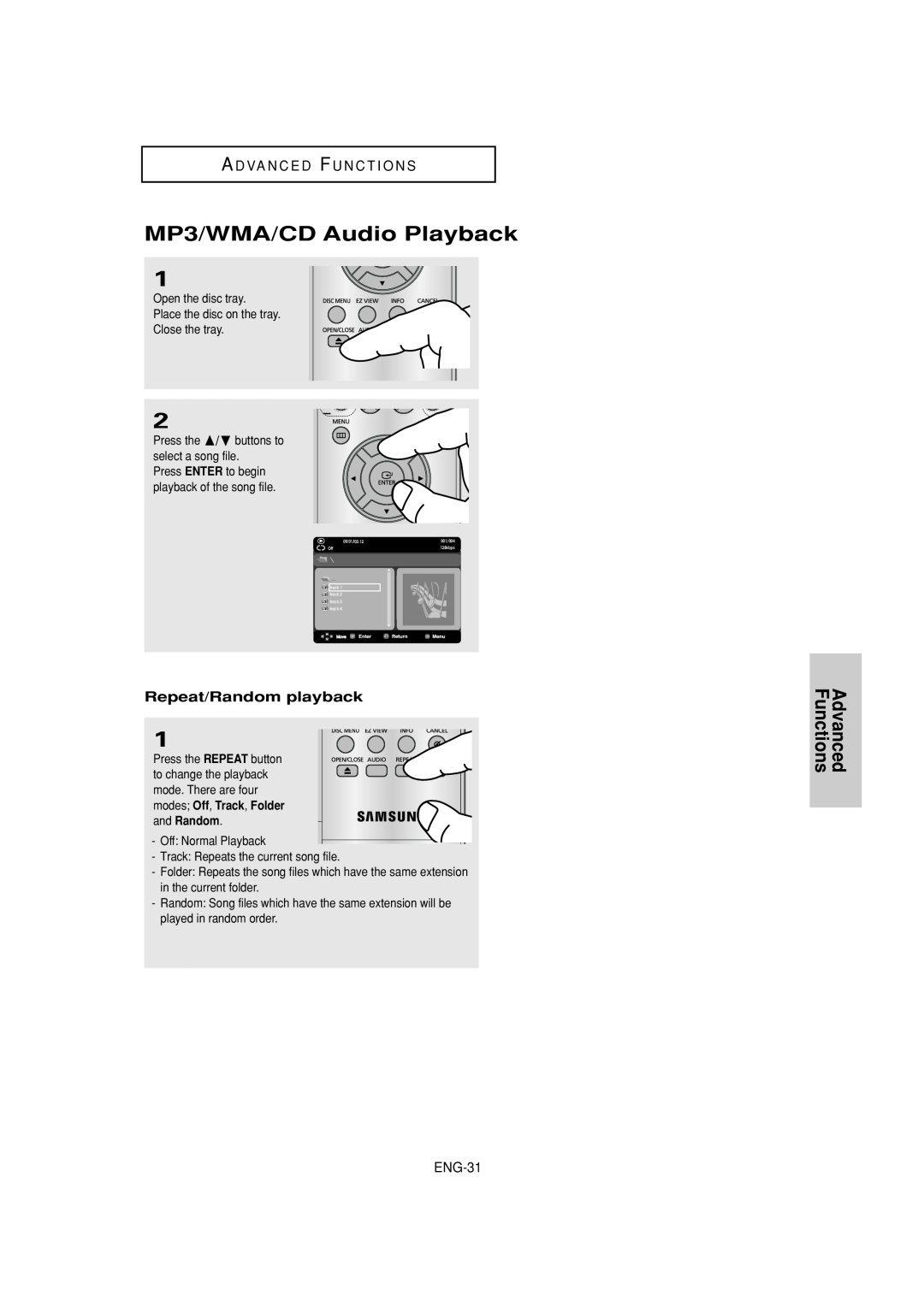 Samsung DVD-P181 MP3/WMA/CD Audio Playback, Advanced Functions, A D Va N C E D F U N C T I O N S, Repeat/Random playback 