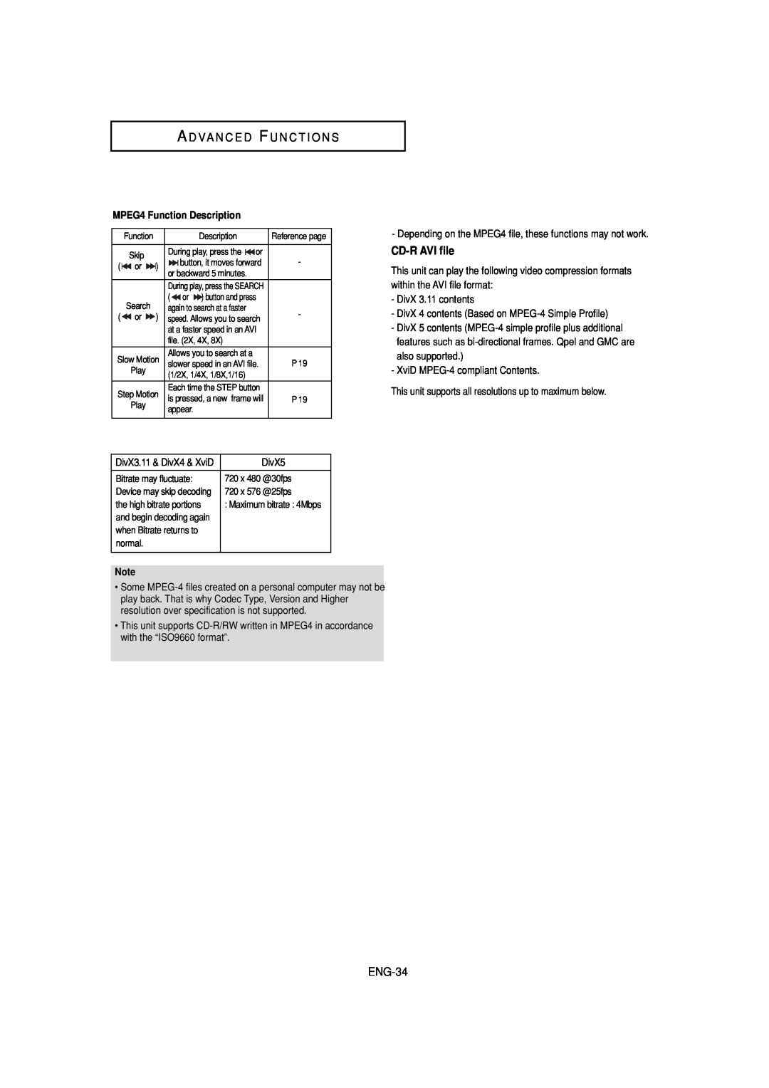 Samsung DVD-P181 manual A D Va N C E D F U N C T I O N S, CD-R AVI file, ENG-34, MPEG4 Function Description 