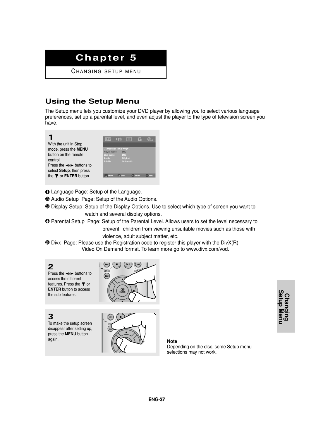 Samsung DVD-P181 manual Using the Setup Menu, Changing Setup Menu, Chapter 