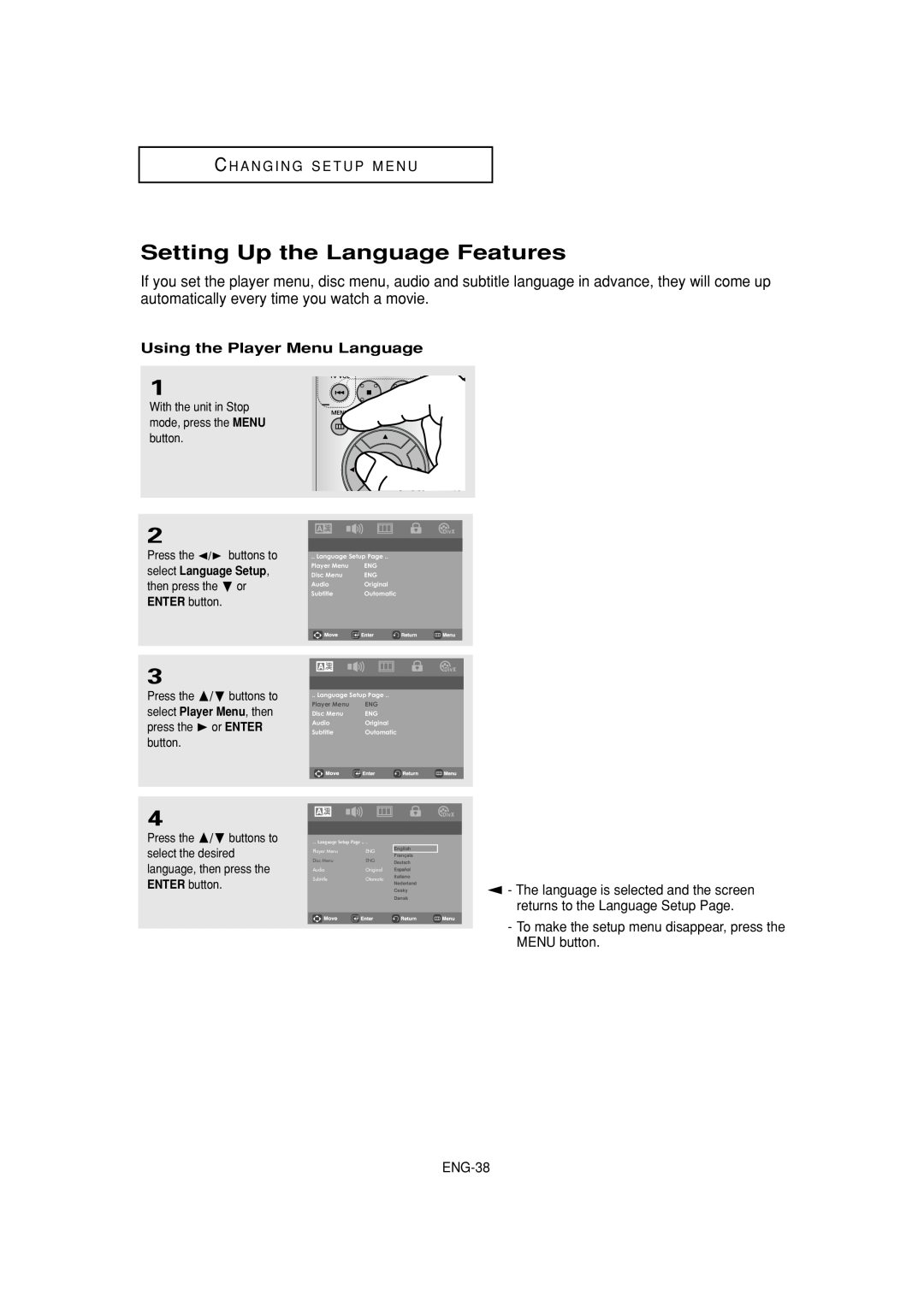 Samsung DVD-P181 manual Setting Up the Language Features, C H A N G I N G S E T U P M E N U, Using the Player Menu Language 