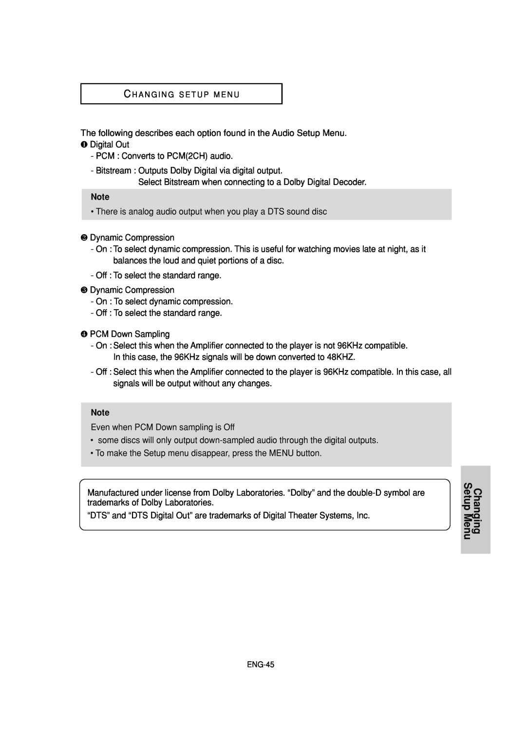 Samsung DVD-P181 manual Changing Setup Menu, The following describes each option found in the Audio Setup Menu 