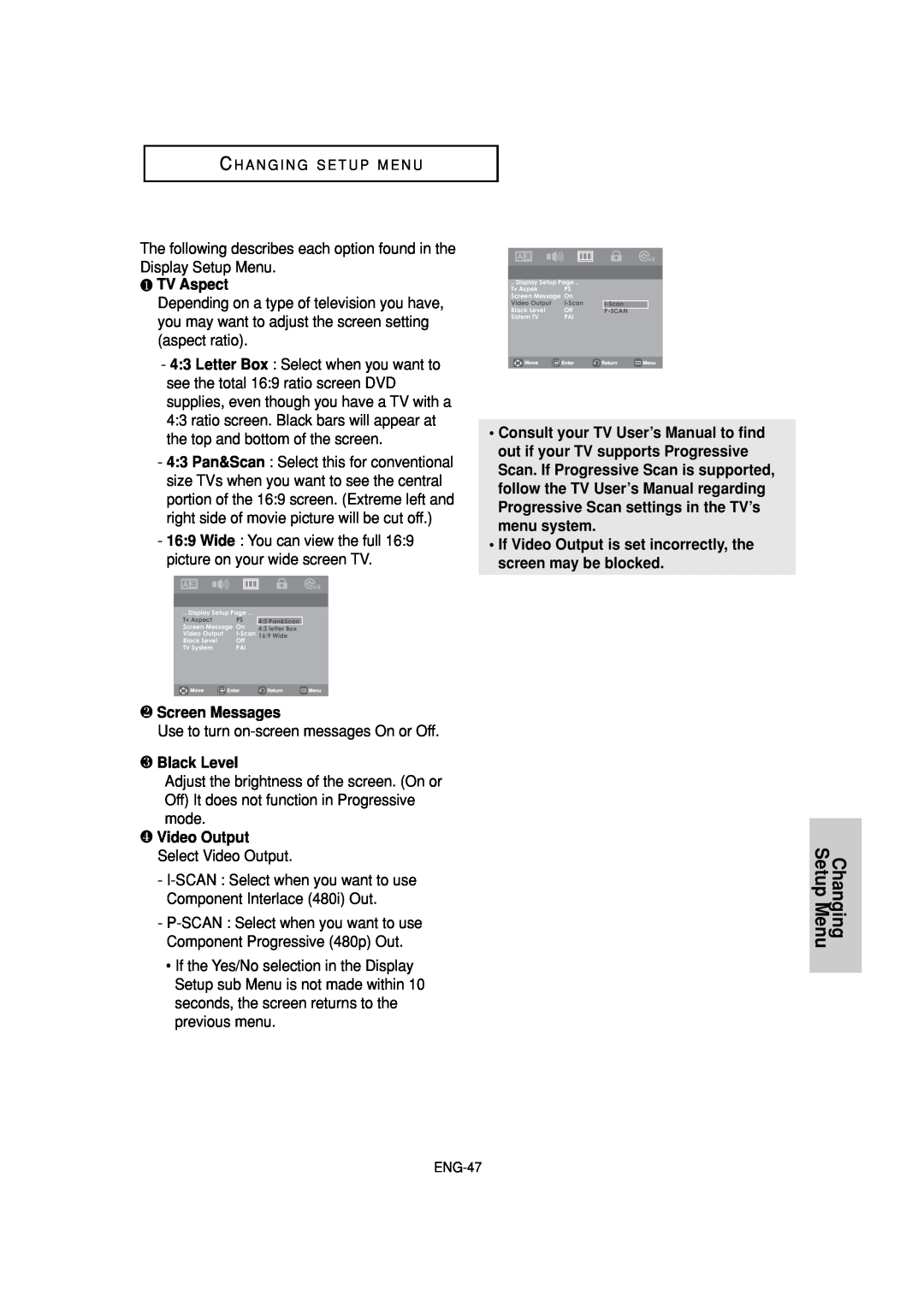 Samsung DVD-P181 ❶ TV Aspect, ❷ Screen Messages, ❸ Black Level, ❹ Video Output Select Video Output, Changing Setup Menu 