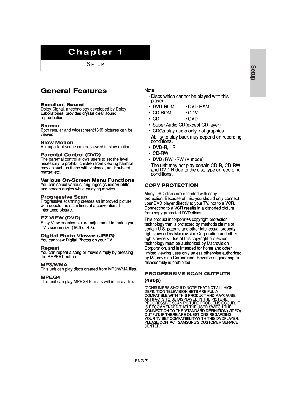 Samsung DVD-P181 manual Chapter, General Features, Setup 