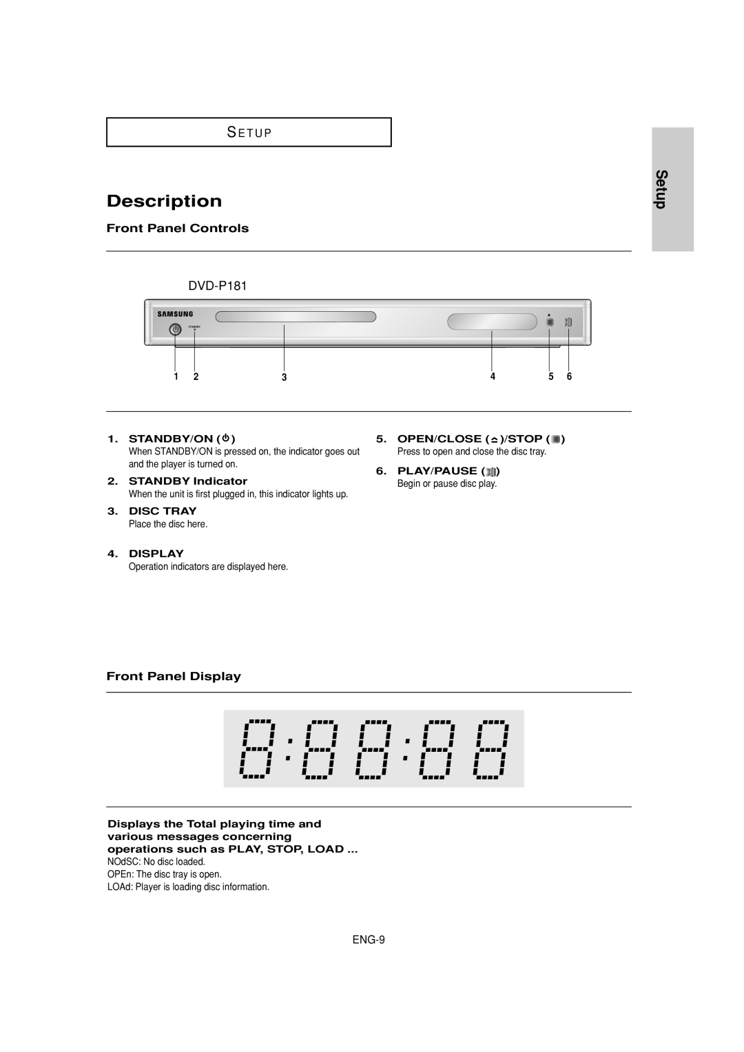 Samsung DVD-P181 manual Description, Setup, S E T U P, Front Panel Controls, Front Panel Display, ENG-9 