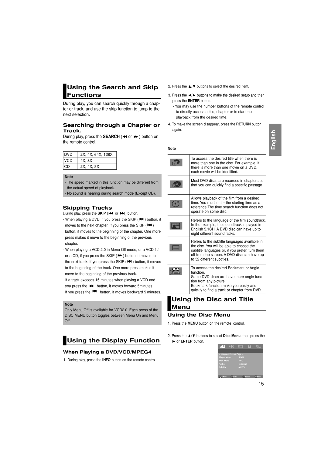 Samsung DVD-P181/AFR manual Using the Search and Skip Functions, Using the Display Function, Using the Disc and Title Menu 