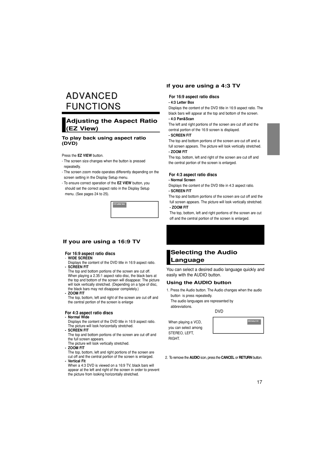 Samsung DVD-P181/XEC, DVD-P181/EDC Advanced Functions, Adjusting the Aspect Ratio EZ View, Selecting the Audio Language 