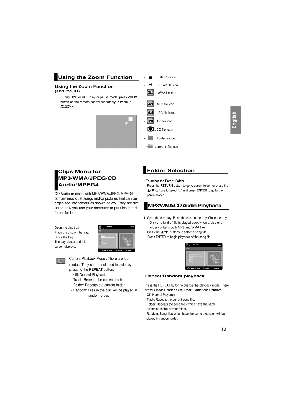 Samsung DVD-P181/AFR Using the Zoom Function, Clips Menu for, Audio/MPEG4, Folder Selection, MP3/WMA/CDAudio Playback 