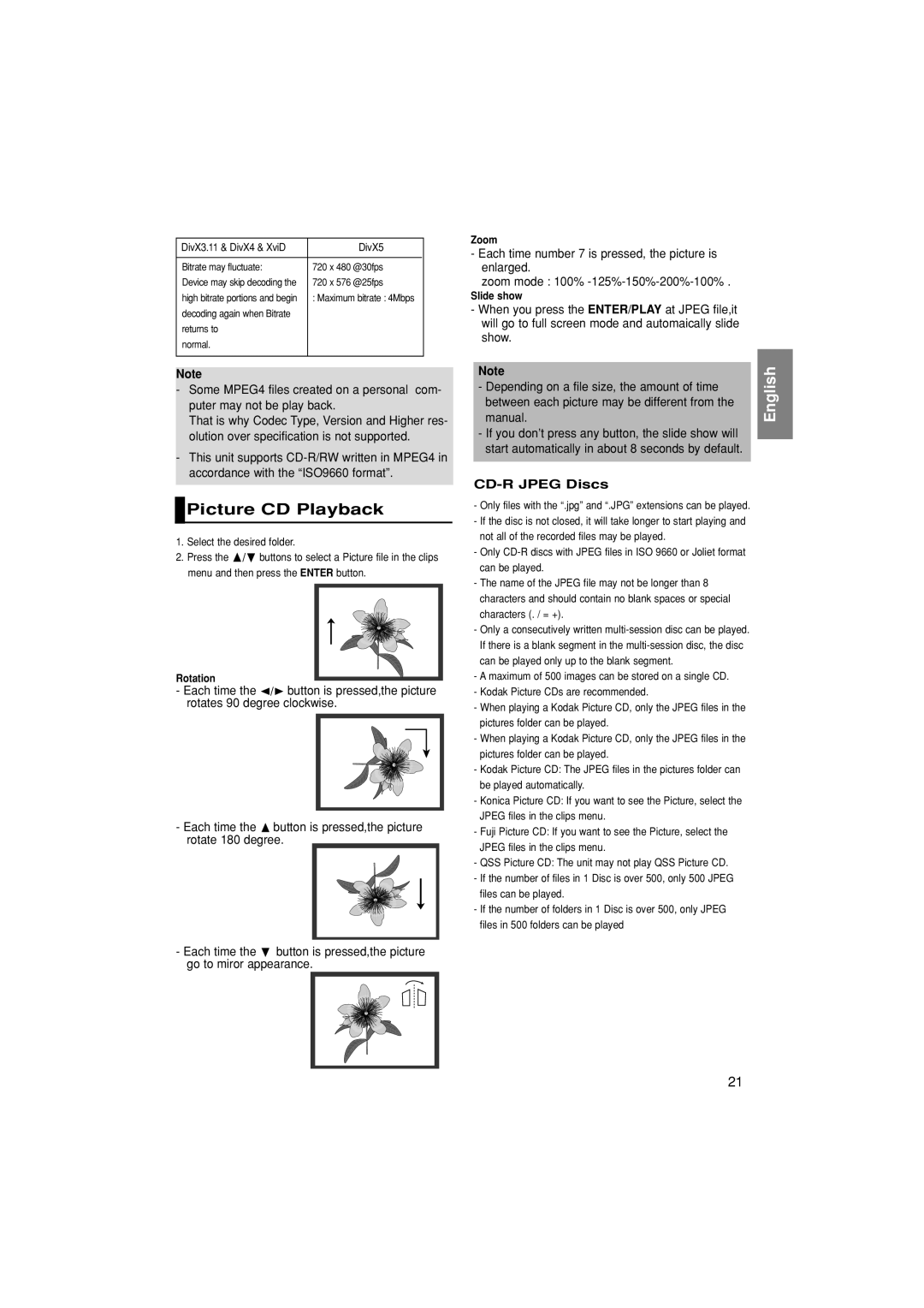 Samsung DVD-P181/XEC, DVD-P181/EDC, DVD-P181/MEA manual Picture CD Playback, CD-R Jpeg Discs, Rotation, Zoom, Slide show 