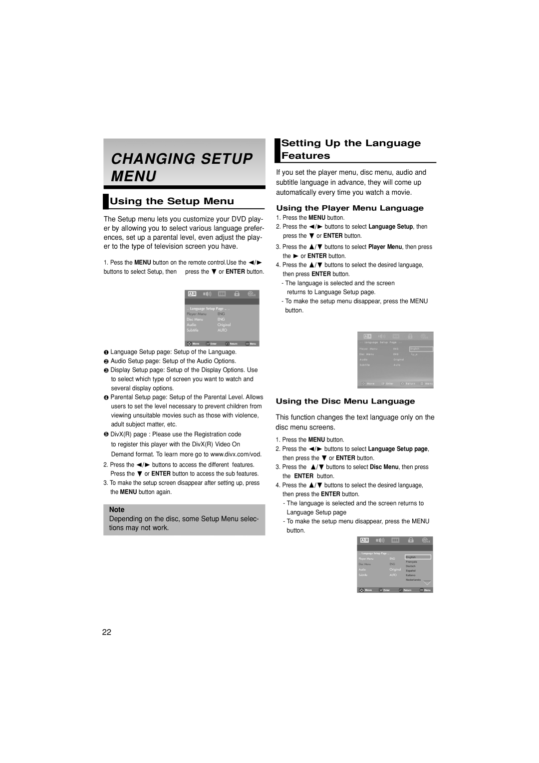 Samsung DVD-P181/MEA, DVD-P181/EDC manual Changing Setup Menu, Using the Setup Menu, Setting Up the Language Features 