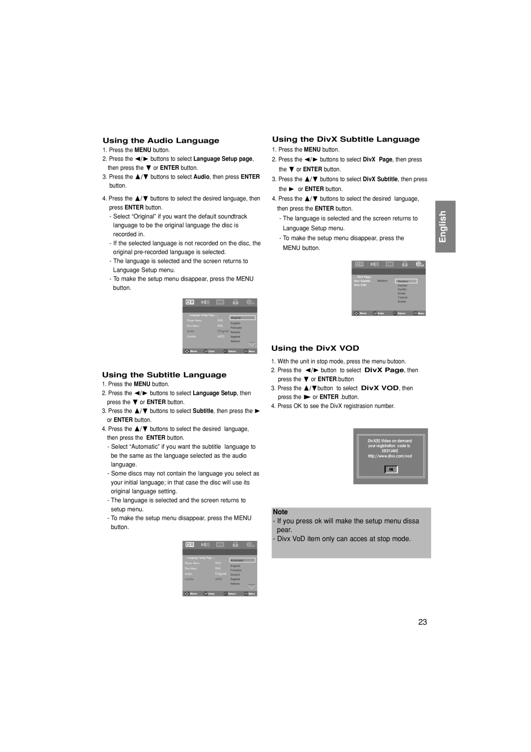 Samsung DVD-P181/AFR, DVD-P181/EDC Using the Audio Language, Using the Subtitle Language, Using the DivX Subtitle Language 