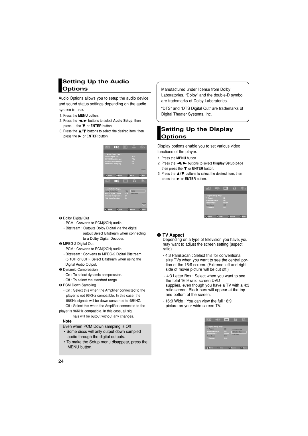 Samsung DVD-P181/EDC, DVD-P181/XEC, DVD-P181/MEA Setting Up the Audio Options, Setting Up the Display Options, ❶ TV Aspect 