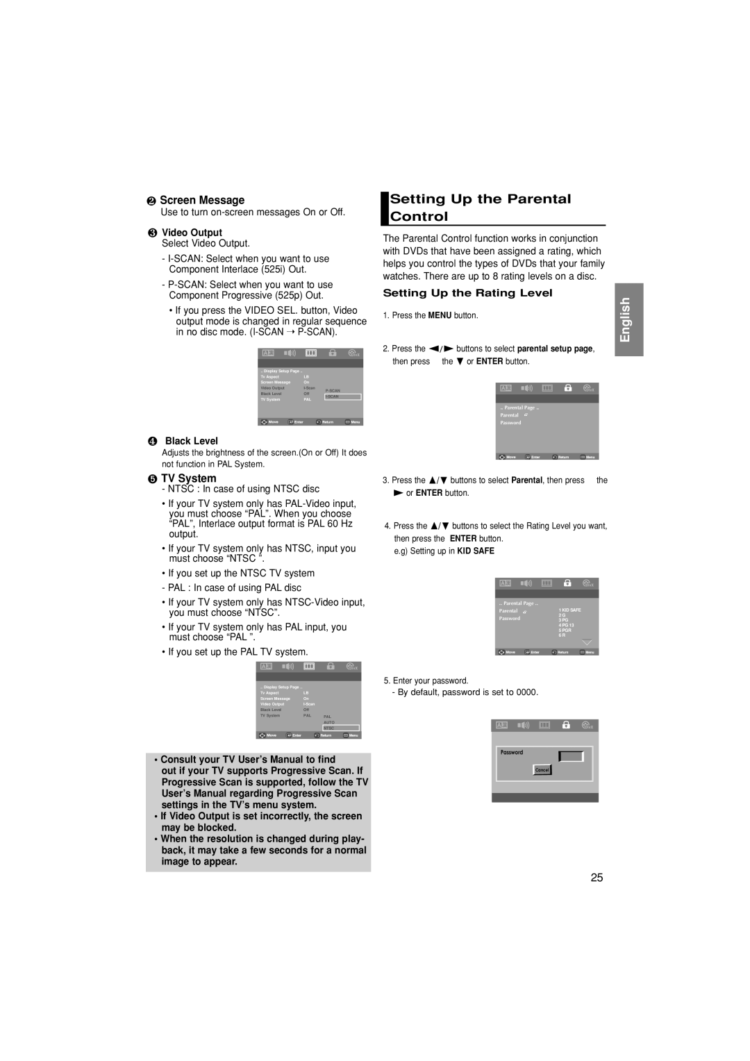 Samsung DVD-P181/XEC, DVD-P181/EDC, DVD-P181/MEA manual Setting Up the Parental Control, ❷ Screen Message, ➎ TV System 