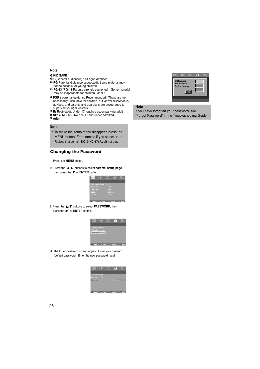 Samsung DVD-P181/MEA, DVD-P181/EDC, DVD-P181/XEC, DVD-P181/AFR manual Changing the Password, ❽ Adult 