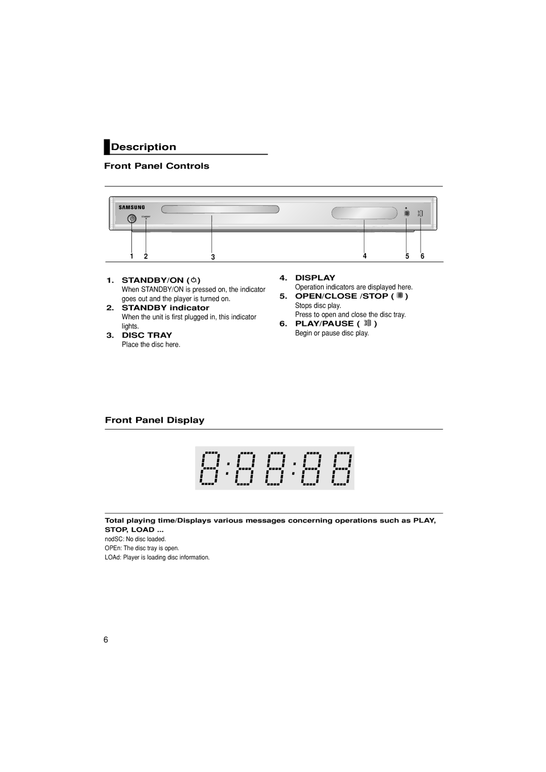 Samsung DVD-P181/MEA, DVD-P181/EDC, DVD-P181/XEC, DVD-P181/AFR manual Description, Front Panel Controls, Front Panel Display 