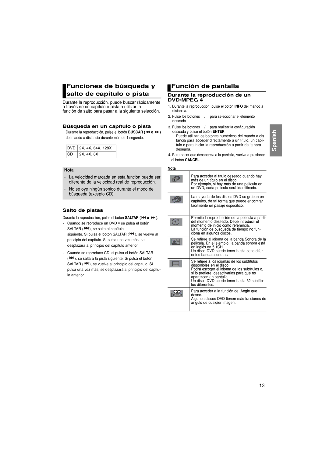 Samsung DVD-P181/XEC, DVD-P181/EDC Funciones de búsqueda y salto de capítulo o pista, Función de pantalla, Salto de pistas 