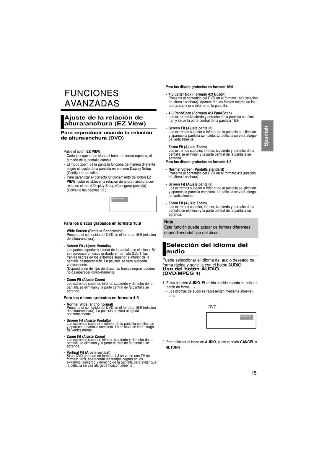 Samsung DVD-P181/AFR Funciones Avanzadas, Ajuste de la relación de altura/anchura EZ View, Selección del idioma del audio 