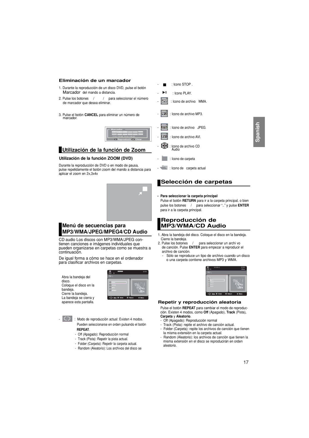 Samsung DVD-P181/XEC, DVD-P181/EDC Utilización de la función de Zoom, Menú de secuencias para MP3/WMA/JPEG/MPEG4/CD Audio 