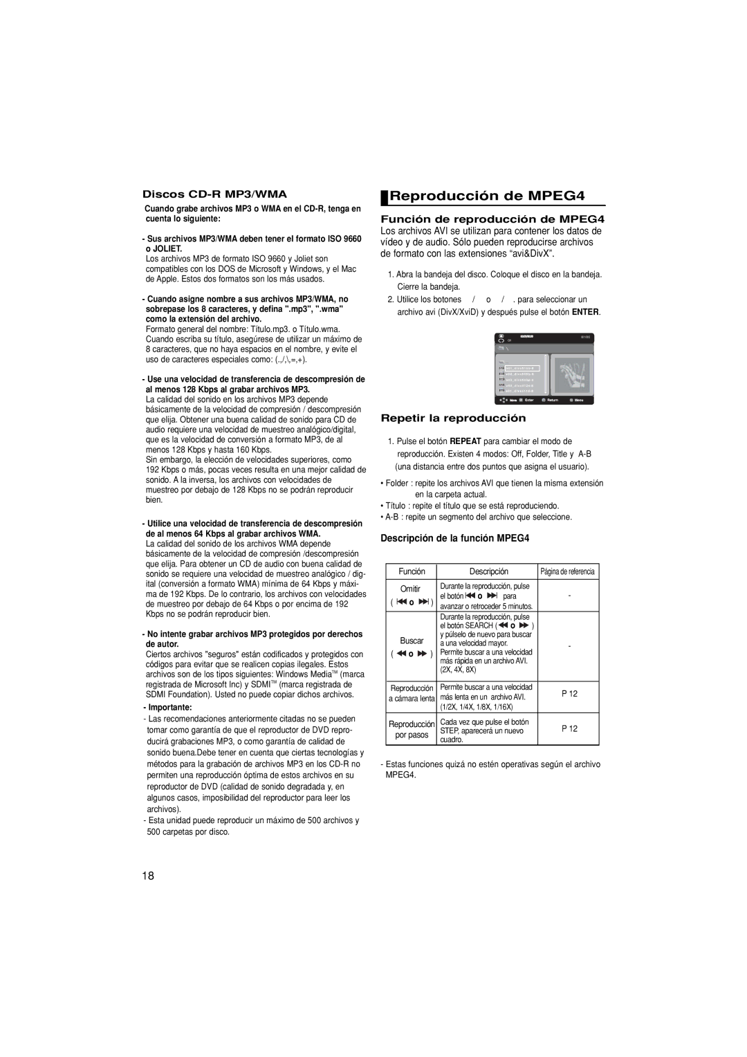 Samsung DVD-P181/MEA Reproducción de MPEG4, Discos CD-R MP3/WMA, Repetir la reproducción, Descripción de la función MPEG4 