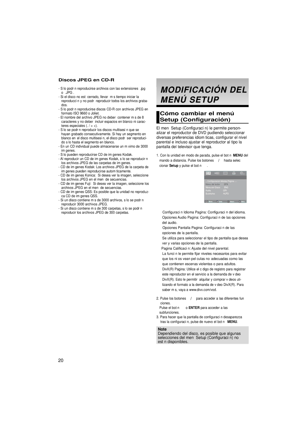 Samsung DVD-P181/EDC manual Modificación DEL Menú Setup, Cómo cambiar el menú Setup Configuración, Discos Jpeg en CD-R 