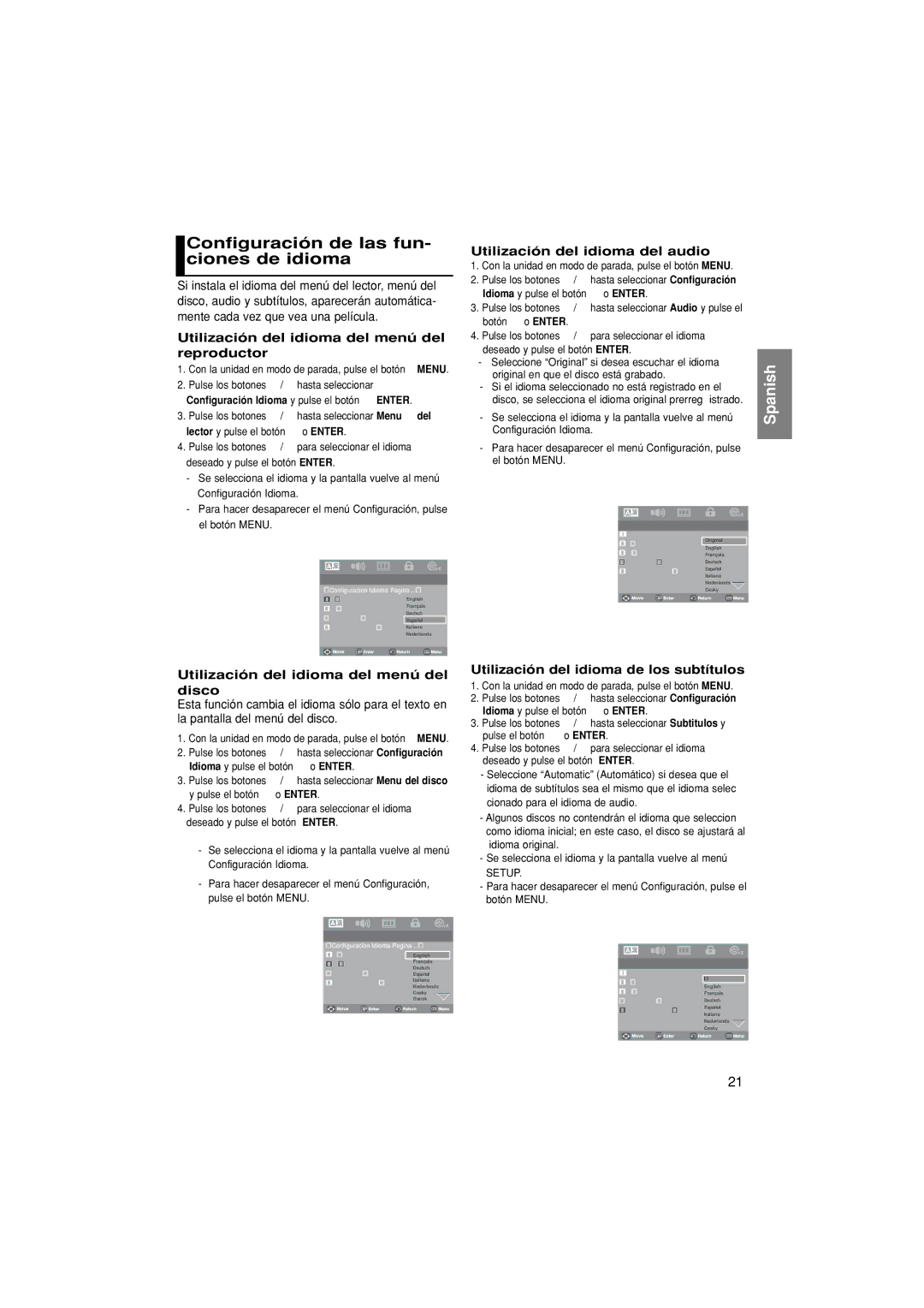 Samsung DVD-P181/XEC manual Configuración de las fun- ciones de idioma, Utilización del idioma del menú del reproductor 