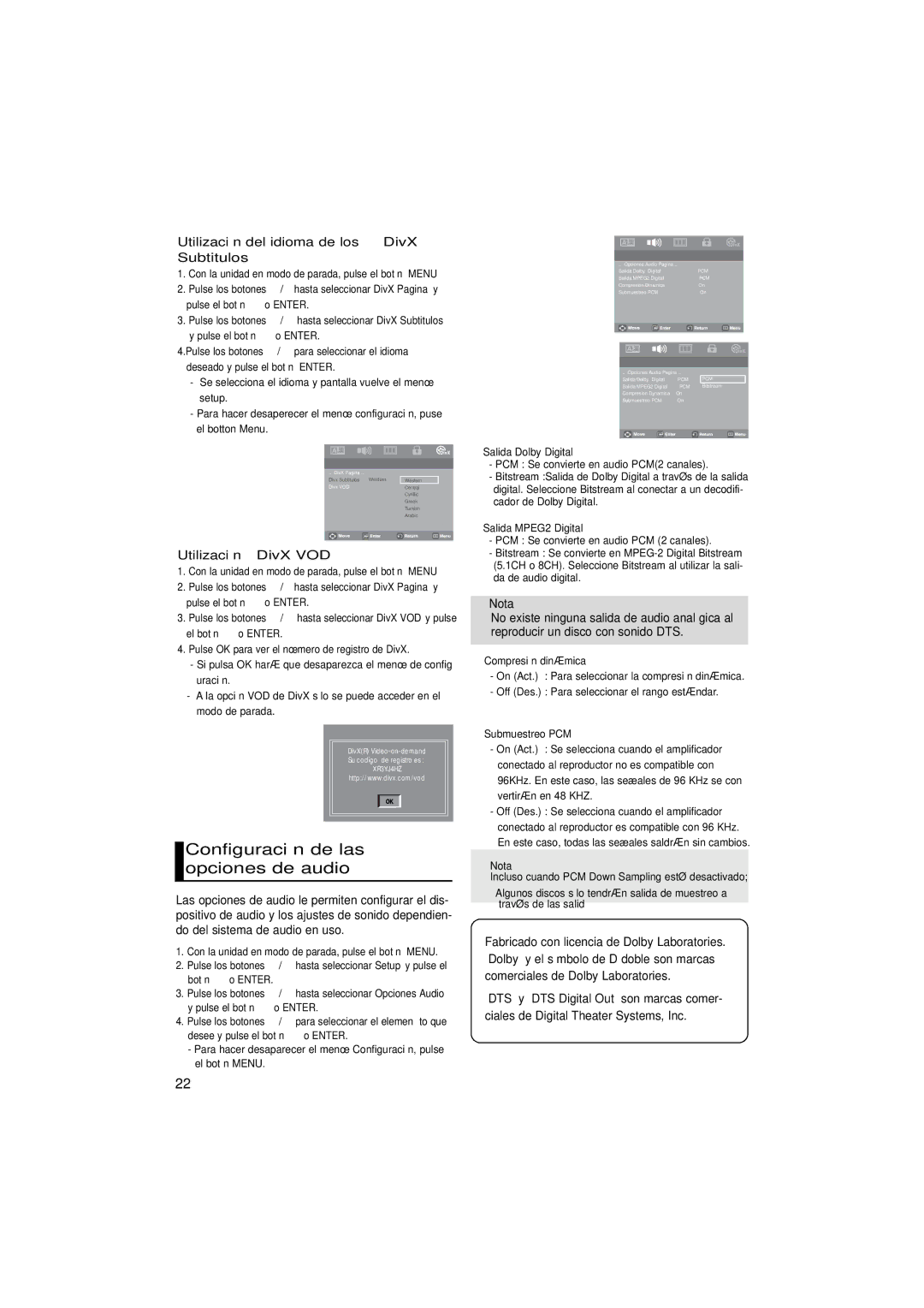 Samsung DVD-P181/MEA manual Configuración de las opciones de audio, Utilización del idioma de los DivX Subtitulos, Enter 