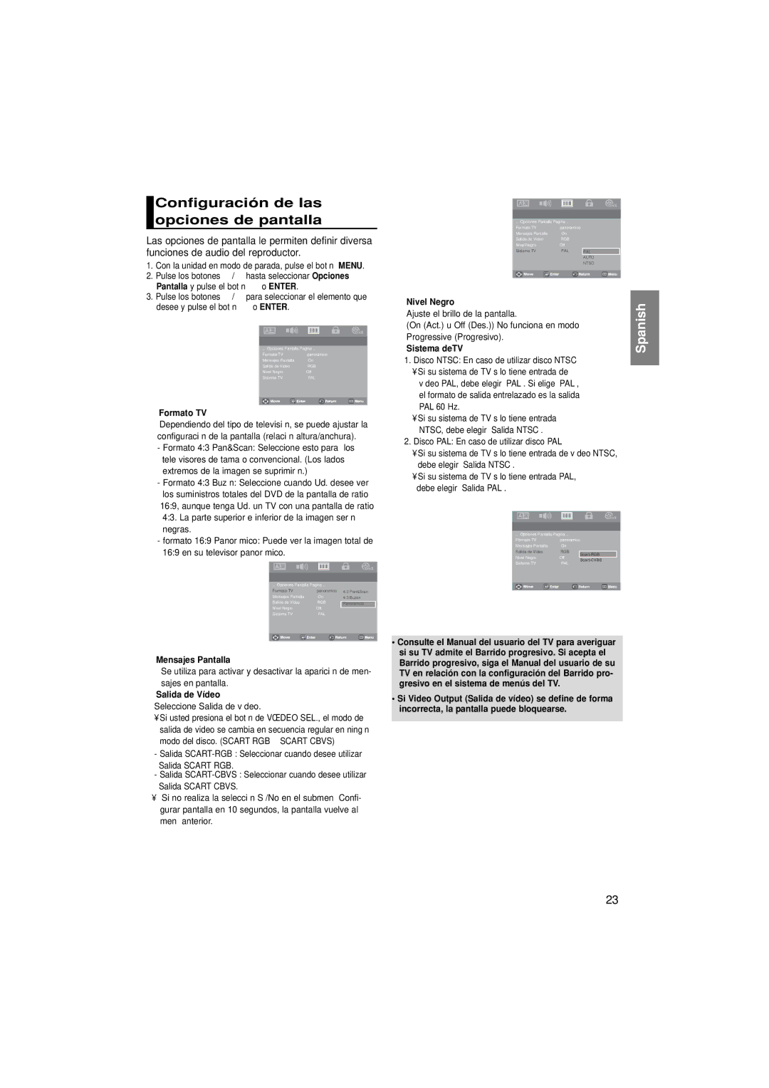 Samsung DVD-P181/AFR manual Configuración de las opciones de pantalla, ❶ Formato TV, ❷ Mensajes Pantalla, ❹ Nivel Negro 