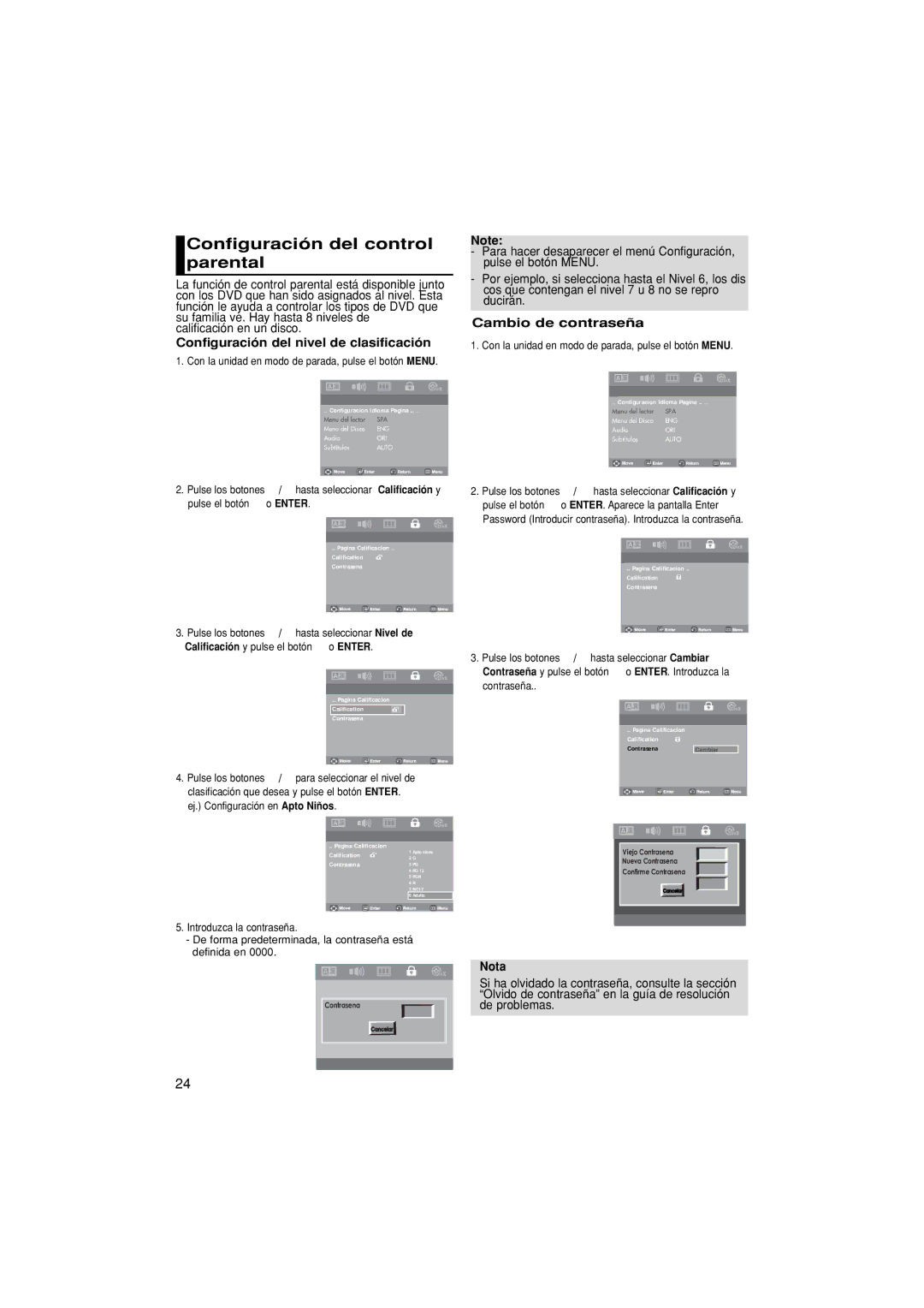 Samsung DVD-P181/EDC Configuración del control parental, Configuración del nivel de clasificación, Cambio de contraseña 