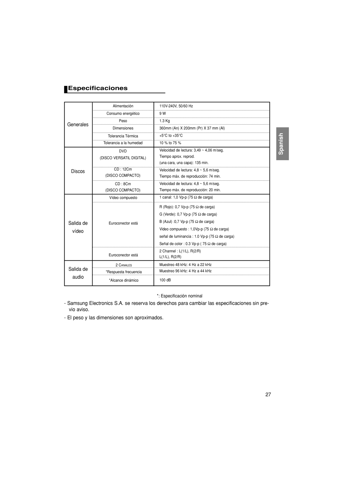 Samsung DVD-P181/AFR, DVD-P181/EDC, DVD-P181/XEC, DVD-P181/MEA manual Especificaciones, Generales 