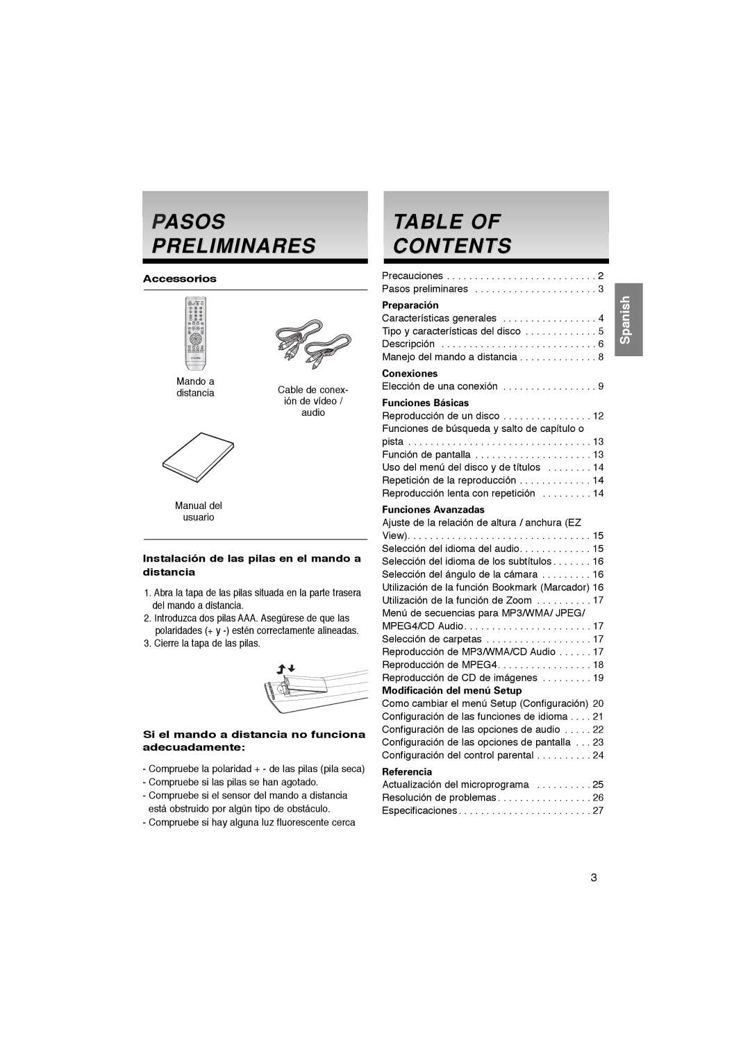 Samsung DVD-P181/AFR, DVD-P181/EDC, DVD-P181/XEC, DVD-P181/MEA manual Pasos Preliminares, Contents 