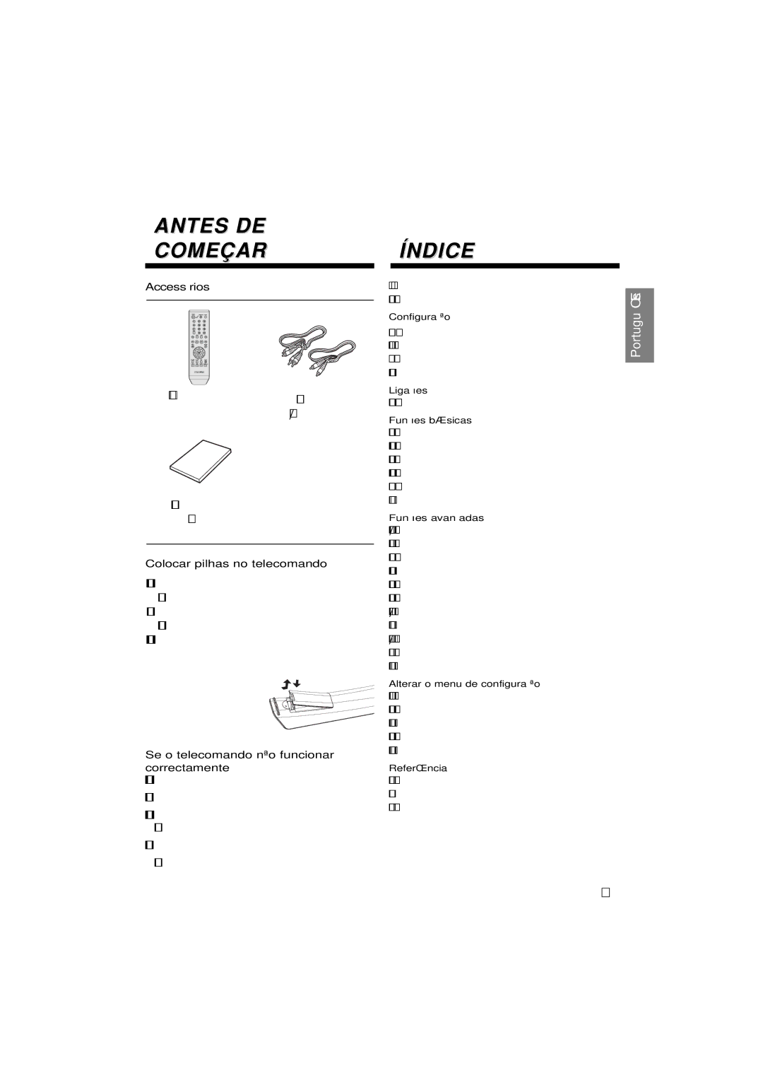 Samsung DVD-P181/XEC, DVD-P181/EDC, DVD-P181/MEA manual Antes DE Começar, Índice, Accessórios, Colocar pilhas no telecomando 