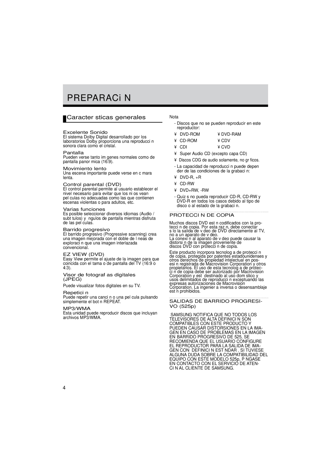 Samsung DVD-P181/EDC, DVD-P181/XEC, DVD-P181/MEA, DVD-P181/AFR manual Características generales 